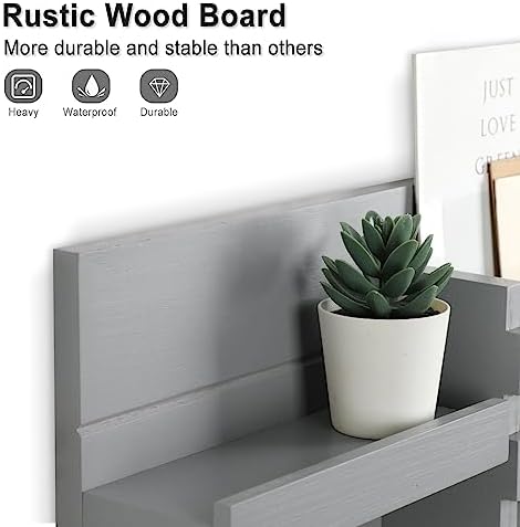 Lwenki Mail Organizer for Wall Mount – Key Holder with Shelf Includes Letter Holder and Hooks for Coats, Dog Leashes – Rustic Wood with Flush Mounting Hardware (16.5” x 8.7” x 3.5”) (Gray) - Image 3
