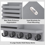 Lwenki Key Holder for Wall – Decorative Wooden Mail Holder and Key Shelf with Mounting Hardware, Installation Guide – Paulownia Wood with Metal Key Hooks (Gray, Large - 11.8inch) - Image 3