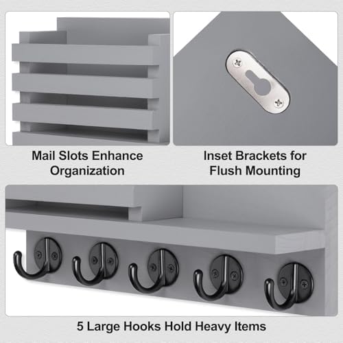Lwenki Key Holder for Wall – Decorative Wooden Mail Holder and Key Shelf with Mounting Hardware, Installation Guide – Paulownia Wood with Metal Key Hooks (Gray, Large - 11.8inch) - Image 3