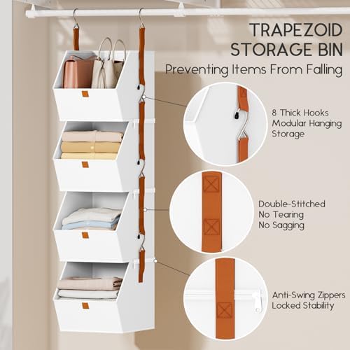Homsorout Hanging Closet Organizer 4 Tier - Clothes Hanging Shelves, Space-Saving Closet System, Fabric Storage Bins Bedroom Organization, Collapsible Baskets for Home, Dorm, Rv, White, 8 Pack - Image 4