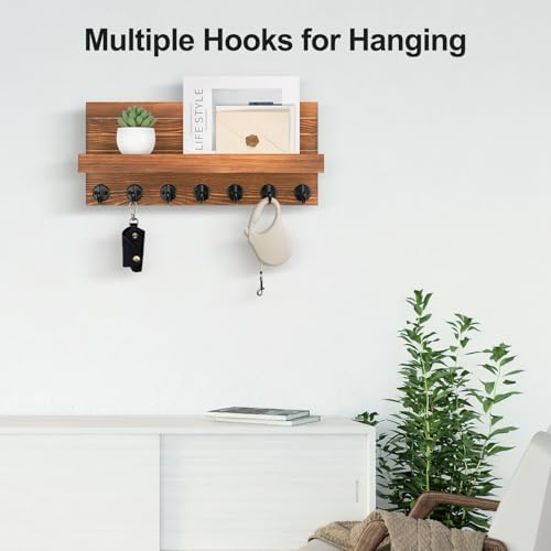 Lwenki Key Holder Wall Mount, Entryway Key and Mail Holder with 7 Sturdy Hooks for Sunglasses, Dog Leash, Decorative Wall Shelf with Mounting Hardware, 15”W x 6.7”H x 4.2”D - Image 3
