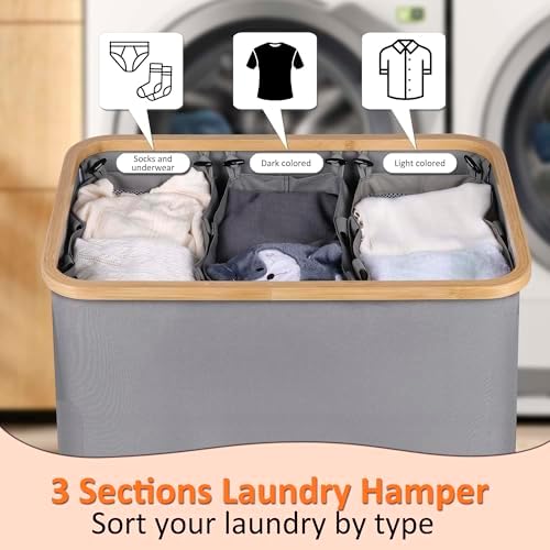 efluky Laundry Hamper 3 Section with lid and 3 Removable Bags, Silver Grey - Image 4
