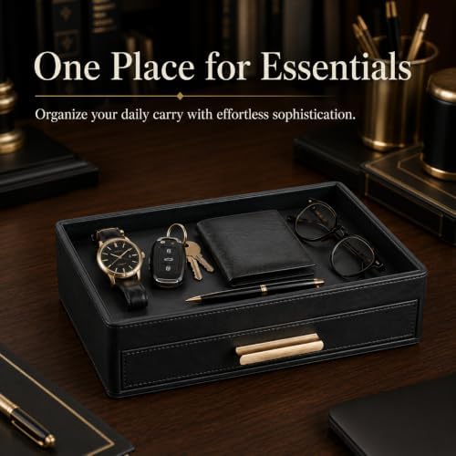 GORESE Leather Valet Tray for Men, Nightstand Organizer with Drawer, Black - Image 2