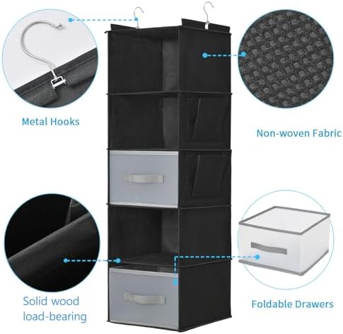 5-Layer Suspended Fabric Shelf Organizer, Equipped with 2 Sturdy Hooks, 2 Separate Drawers, and Foldable Hanging Storage (Black) - Image 4