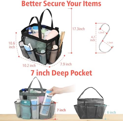 Mesh Shower Caddy Portable - 8 Pockets, S-Hook, Shower Bag for Dorm Camping - Image 4