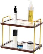 2-Tier Bathroom Counter Organizer with Transparent Stripe Acrylic Shelves, Brown Wood Frame and Black Metal Support, Rustproof Vanity Storage Rack for Skincare Cosmetics and Toiletries by Leijosya