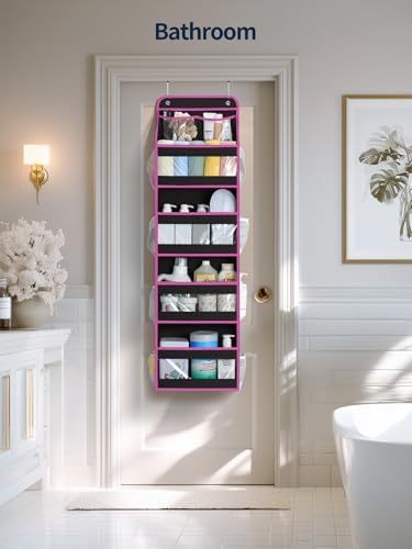 Yecaye 5 Tier Over the Door Organizer, Swing-proof Door Organizer Hanging with Clear PVC Windows, Behind the Door Storage for Bedroom Nursery Closet Laundry Pantry Bathroom, Pink and Black - Image 7