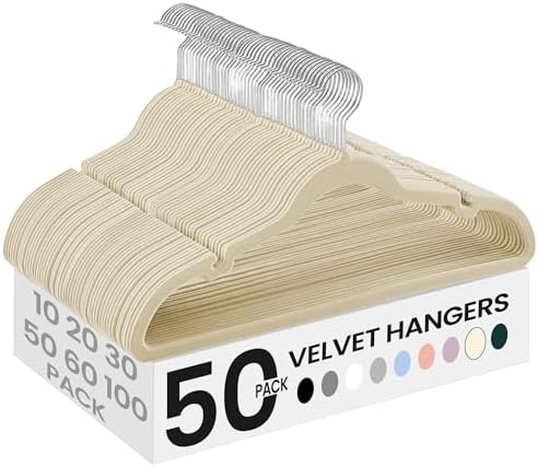 SONGMICS Velvet Hangers 50 Pack, Non-Slip Clothes Hangers with Shoulder Notches, Pants Bar, 360° Swivel Hook, Space-Saving, for Closet, Summer Sand UCRF029K05 | Suit Hangers with Shoulder Notches, Pants Bar, 360° Swivel Hook, for Closet, Summer Sand, B... by Unknown