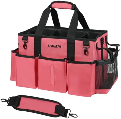 SCAVATA Wearable Cleaning Caddy Bag, Cleaning Caddy Supplies Organizer with Handle & Shoulder Straps for Housekeepers, Under Sink & Car Cleaning Tool Organizers with 4 Foldable Divider (RoseRed) by Tidyyourlife