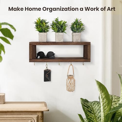 Lwenki Wall Shelf with Hooks - Decorative Key and Wallet Holder for Wall Holds Sunglasses, Leashes, Scarves and Lanyards - 15.7" x 5.1" x 2.9" Entryway Organizer Made of Paulownia Wood (Brown) - Image 6