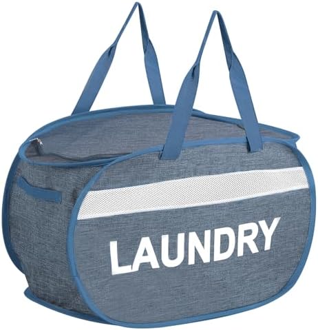 Collapsible Laundry Baskets with Lid, Foldable Clothes Hamper with Reinforced Handles, Sturdy Pop Up Hampers for Laundry, Tear Proof & Easy to Carry Laundry Hamper for Home, Dorm, Travel Blue by Bemkoo