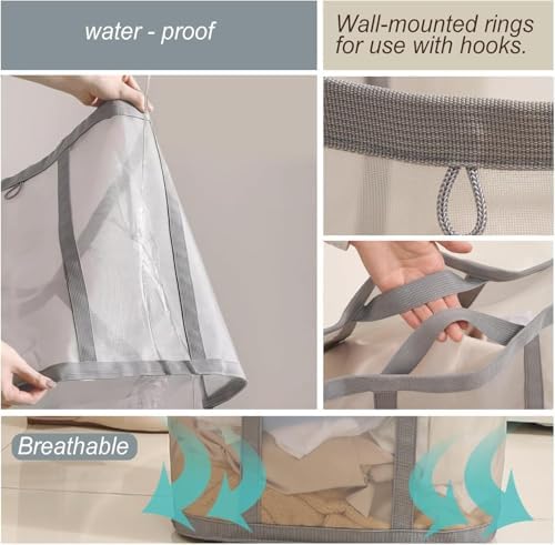 Mesh Bag with Handles, Collapsible Laundry Basket, Foldable Laundry Bag, Breathable Folding Beach Bag,Space-saving Travel Tote Bags (1, Blue) - Image 7