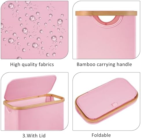 Slim Laundry Basket,60L Laundry Hamper with Lid, Tall Hamper for Laundry,Dirty Cloth Hamper with Bamboo Handle for Toys,Towels, Clothes Organizing,Pink - Image 2