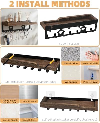 lucdnc Key Holder for Wall Mounted with Tray, 7 Hooks & Wood Shelf - Image 5