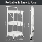 Amatic 3-Tier Folding Rolling Utility Cart with Wheels, Foldable Storage Cart Organizer with 3 Hanging Cups & 6 Hooks for Kitchen, Office, Living Room, Nursery(White) - Image 2