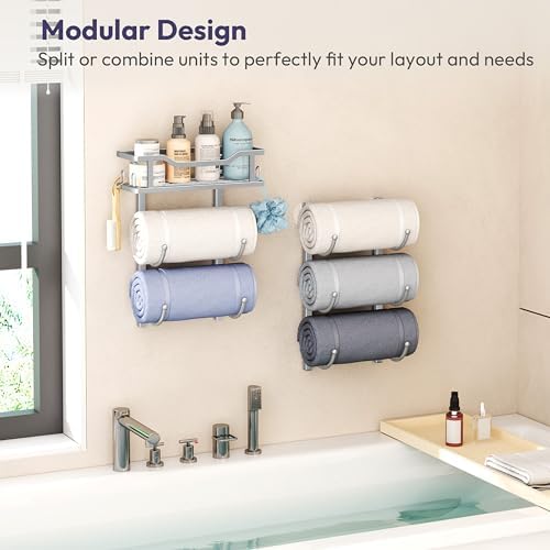 SWTYMIKI Over the Door Towel Rack - 6 Tier Towel Racks for Bathroom Wall Mounted, Towel Holder with Shelf, Hanging Rolled Towel Storage Organizer for Small Bathroom, Camper, RV, Sliver - Image 5