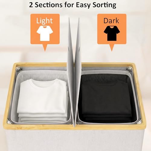 efluky Double Laundry Hamper with Lid and 2 Removable Bags, Light Grey - Image 3