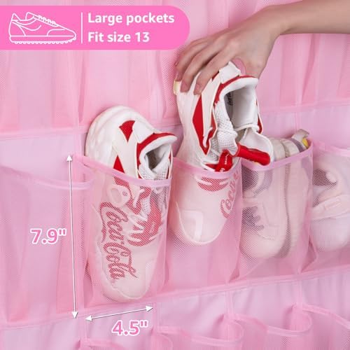MISSLO 35 Large Pockets Over The Door Shoe Organizer Sturdy Oxford Fabric Hanging Shoe Rack for Door Mesh Closet Shoe Holder Hanger, Pink - Image 3