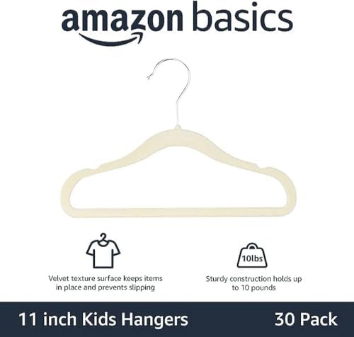 Amazon Basics Kids Space Saving Velvet Non-Slip Clothes Hangers with Shoulder Notches, Sturdy Construction for Closet Organization, 11.6", Beige, 30-Pack - Image 2