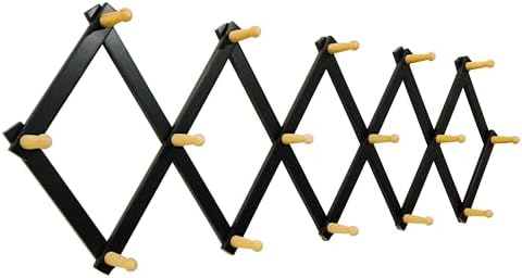 SKOLOO Accordion Wall Hanger with 16 Hooks, Modern Expandable Coat Rack Hat Rack for Wall, Solid Wooden, Natural on Black by SKOLOO