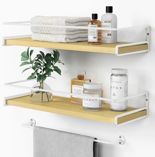 Forbena Natural Wood Bathroom Floating Shelves for Wall Set of 2, Light Wood Wall Shelves with Rail for Bathroom Nursery Office (Natural Wood and White) by Forbena