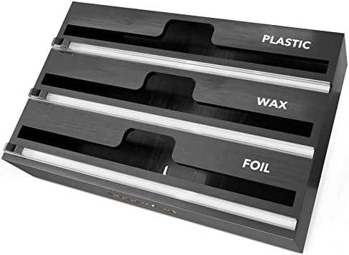 SpaceAid WrapNeat 3 in 1 Wrap Organizer with Cutter and Labels, Plastic Wrap, Aluminum Foil and Wax Bamboo Dispenser for Kitchen Storage Organization Holder for 12" Roll (Black) by SpaceAid
