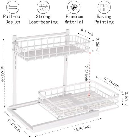 Under Sink Organizer, Adjustable Height Pull-Out Kitchen Storage Organization,15.8" x 11.8" x 16.5", 2-Tier Kitchen Shelf, Bathroom Drawer Organizer, 2 Pack|White - Image 2