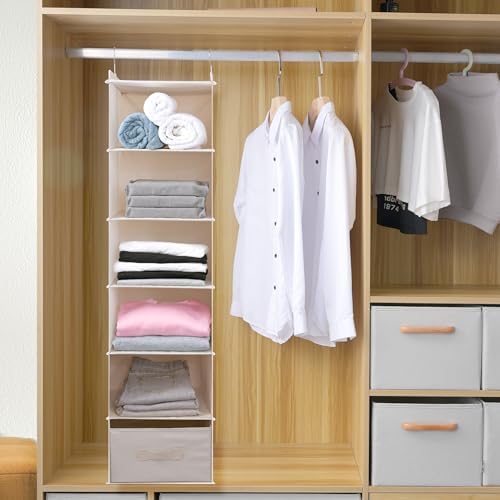 Large Hanging Sweater Organizer for Closet,Collapsible 6-Shelf Hanging Closet Shelves with Drawers, Washable (Beige -6 Shelf-1 d) - Image 3