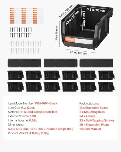 VEVOR Wall Mounted Storage Bins, 12 Plastic Bins & 3 Metal Rails, Plastic Hanging Stackable Storage Bin for Screws, Nuts, Bolts, Nails, Hardware Tool Organizer for Workshop, Craft Room, Garage, Black - Image 7