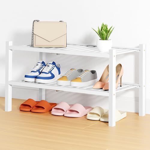 Smiry Bamboo Shoe Rack, 14 Vertical Slats, 2 Tier - 26.8" Wide, White by Smiry