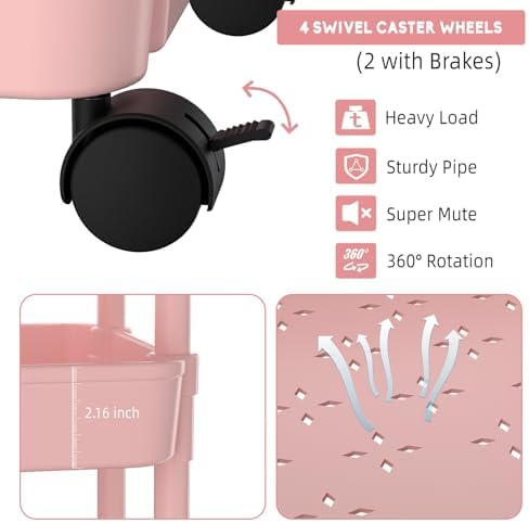 Volnamal Diaper Caddy, 3 Tier Rolling Cart for Baby Essentials, Pink - Image 4