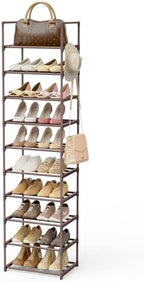 Tall 10 Tier Shoe Rack - 20-24 Pair Storage, Sturdy Metal Shoe Organizer with Hooks for Closet, Entryway, Brown by WEXCISEforTidyingHouse
