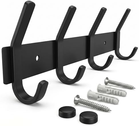 Coat Rack Wall Mount – 12 Inch Stainless Steel Hook Rail with 4 Double Coat Hooks for Hanging – Wall Mounted Entryway Organizer for Coats, Hats, Bags, Towels, Robes, Closet or Bathroom - Black by SAYONEYES