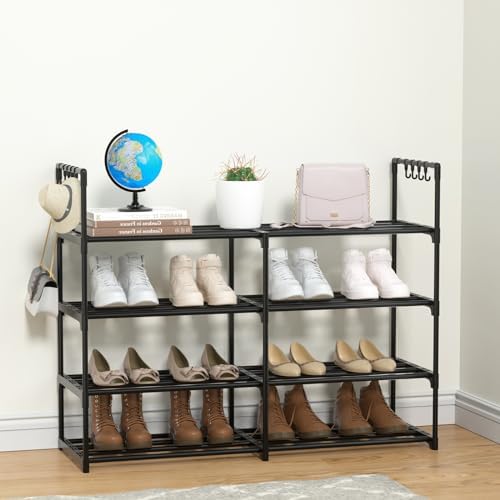 2 Rows 4 Tier Shoe Rack, Black Metal Stackable Shoe Shelf with Multifunctional Hooks, Hold 16-20 Pairs, Space Saving Shoe Organizer for Closet, Bedroom - Image 7
