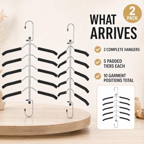 Space Saving Clothes Hangers – 5-in-1 Shirt & Coat Hangers with Non-Slip Foam, Stainless Steel Tiered Closet Organizer for Sweatshirts, Hoodies, Sweaters, T-Shirts – 2 Pack by ZNBEN - Image 7