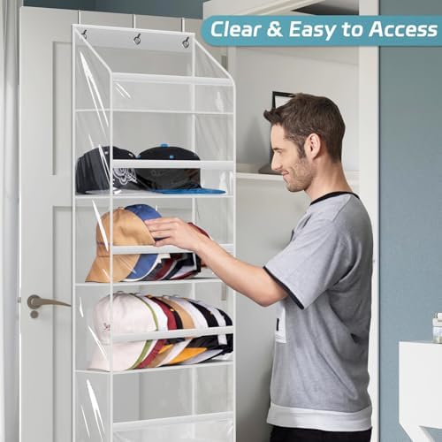 AOODA Clear Over the Door Hat Racks for Baseball Caps, Large Holds up to 72 Caps Hat Storage Organizer for Closet Wall, Deep Pockets Hanging Snapback Holder Shelves with 3 Hooks, White - Image 5