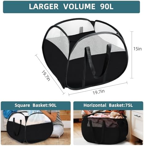 Laundry Basket with Handles 90L, Collapsible Laundry Baskets, Foldable Laundry Basket, Tear-proof Dirty Clothes Pop Up Hampers for Laundry, Bedroom, Bathroom, Dorm, Kids Room, Travel or Campout Black - Image 4