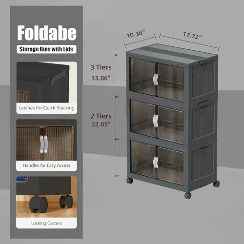 Collapsible Storage Bins with Lids and Front Doors, Heavy-Duty Stackable Plastic Organizers, Folding Utility Storage Boxes for Garage, Office, Pantry and Home (3, Dark Grey, 9 Gal/Rack) - Image 2