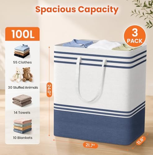 TranquilRelax 3-Pack Laundry Basket, Laundry Hamper, Blue-100L - Image 2