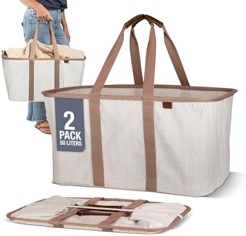 Collapsible Fabric Laundry Basket Tote Premium, Herringbone, 2 Pack by CleverMade