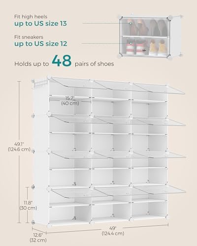 SONGMICS Shoe Rack, 12-Tier with Doors, 48-Pair Storage Cabinet | Shoe Organizer, Steel Frame, Plastic Panel, Bedroom, Entryway, Cloud White and Transparent, DAMION Collection ULPC040W01 - Image 3