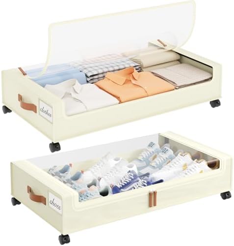 Yecaye 60L Under Bed Storage with Wheels, 2 Pack, Beige | 360° Rolling Wheels, Clear Lids & Label, Reinforced Handle, Rolling Metal Drawers for Clothes, Blankets, Shoes in Bedroom by Yecaye