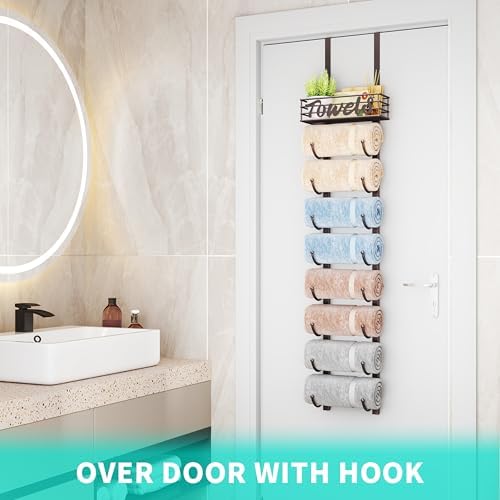 HapiRm Towel Racks for Bathroom Storage - 9 Tier Over The Door & Wall Mount Rolled Towel Storage Organizer Holder with Metal Shelf Basket for Small Bathroom, Camper, Rv - Bronze, Patented - Image 3