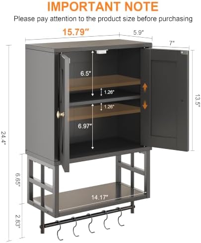 Bathroom Wall Cabinet, Farmhouse Medicine Storage with Towel Bar, Black - Image 3