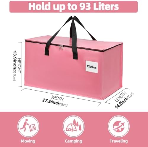4 Pack Extra Large Heavy Duty Moving Bags with Reinforced Zipper & Wide Carry Handles, Stylish Pink Storage Totes for Clothes Packing, Dorm Moves & Apartment Organization, Pink - Image 2