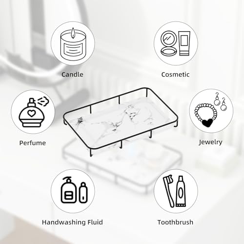 Dobbyby Vanity Tray Makeup Organizer Cosmetics Storage Bathroom Skincare Organizer Countertop Display Rack in Dresser Stainless Steel Shelf Marble Print Ceramic Trays - Image 3