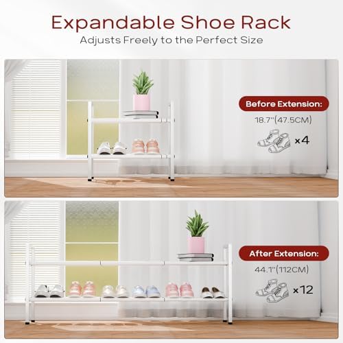 Bumusty 2 Tier Long Expandable Shoe Rack for Closet, White - Image 5