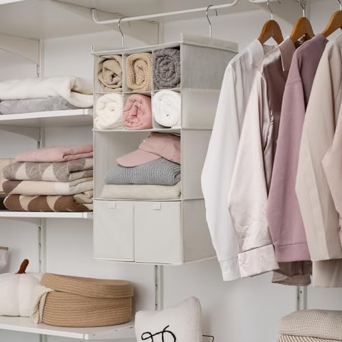 GRANNY SAYS 4-Shelf Hanging Closet Organizer with Drawer, Foldable Storage | Dividers Closet Hanging Organizer, No-Sag Support, Keeps Clothes Neat, Folds Flat, Fits RV, Dorm & Small Closets, Beige - Image 4