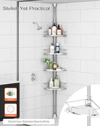 ALLZONE Corner Shower Caddy Tension Pole, 4 Hang-On Basket with Mixed-Height Shelves for Various Bottle Sizes, Extra Hooks & Soap Holder, Rustproof Stainless Steel, Fits 34–116 Inch, Silver/White - Image 5