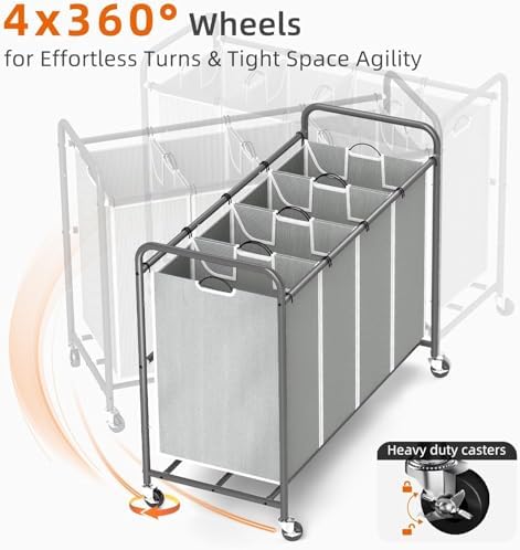 ROMOON Laundry Hamper Sorter Cart, 4-Section Organizer with Lockable Wheels - Image 6